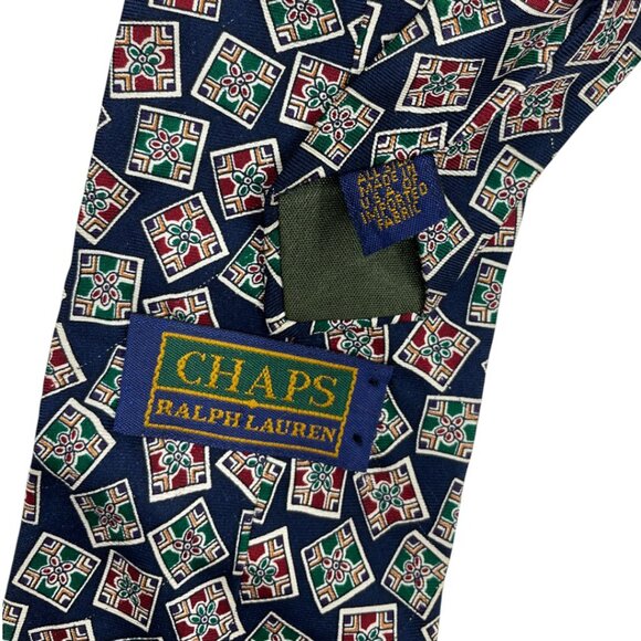 Ralph Lauren Chaps Silk Tie Geometric Blue Green Red - Picture 4 of 6